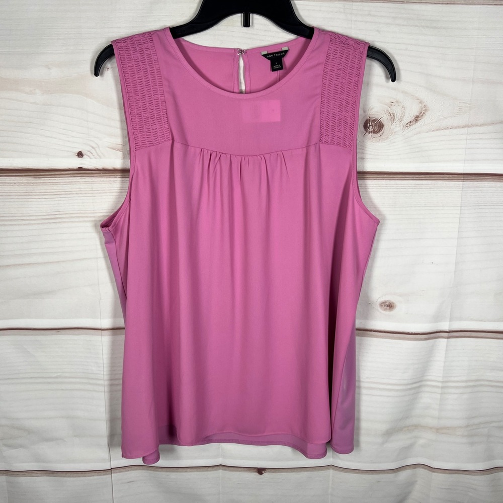 Ann Taylor Smocked Mixed Media Top Womens Large Pink Solid Sleeveless Shell